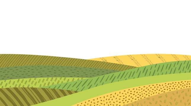 Abstract wavy vector landscape of textured rolling agricultural farm fields with hatch patterns, agrarian harvest scenery, countryside background