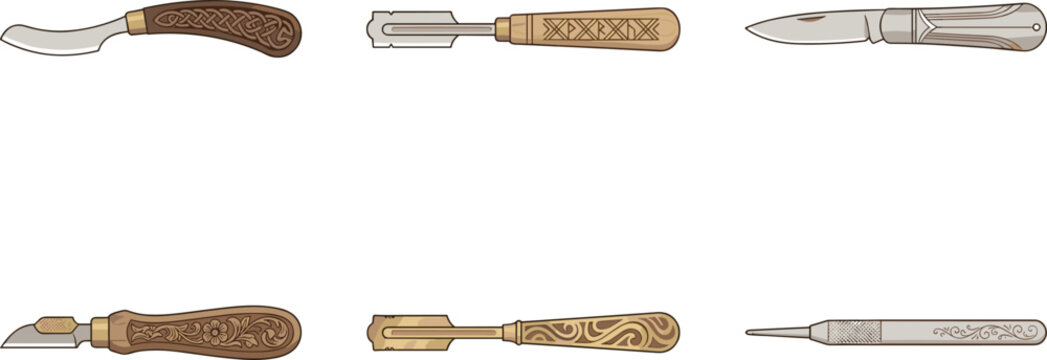 Vintage Wood Carving Tools and Pocket Knife Vector Set with Ornate Engraved Handles Chisels Gouges and Awl for Craft Hobbyist Workshop Designs