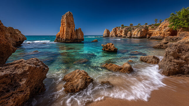Rocky cliff coastline with turquoise ocean water at a secluded sandy beach cove, coastline