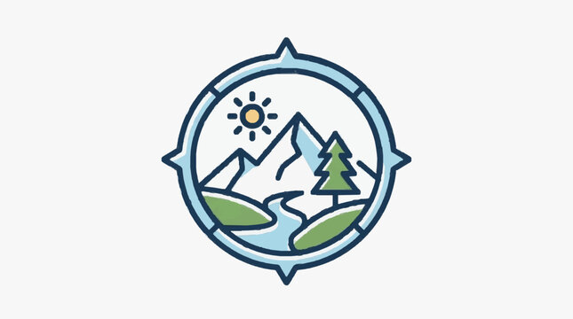 Compass with mountains river and trees illustration.