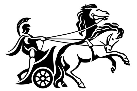 Stylized black illustration of ancient warrior driving chariot with two horses. Bold vector artwork symbolizing classical mythology, strength, motion, and heroic themes.