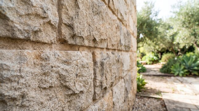 Rough stone wall beside narrow sunlit garden path