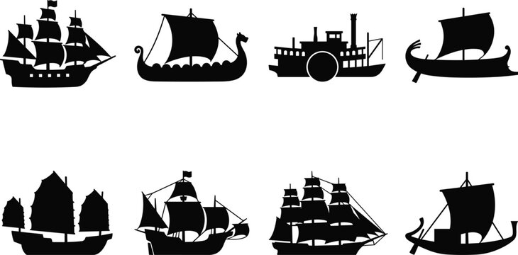 Historic Ship Silhouette Icon Set Featuring Viking Longship, Steamboat, and Sailing Vessels