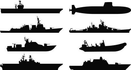 Obraz premium Naval Vessel Silhouette Icon Set Featuring Aircraft Carrier, Submarine, Destroyer, and Battleship