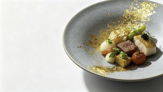 Luxury western dish with gold leaf and precise component pla