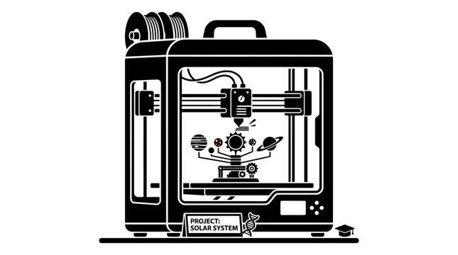 3D Printer Vector Illustration Creating Educational Solar System Project