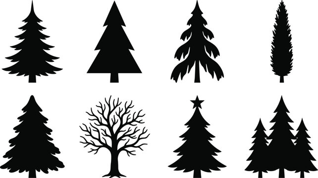 Tree Silhouette Icon Set Featuring Evergreen, Deciduous, and Christmas Tree Designs