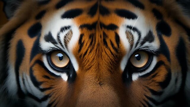 Close up of intense tiger eyes with symmetry and detailed fur texture
