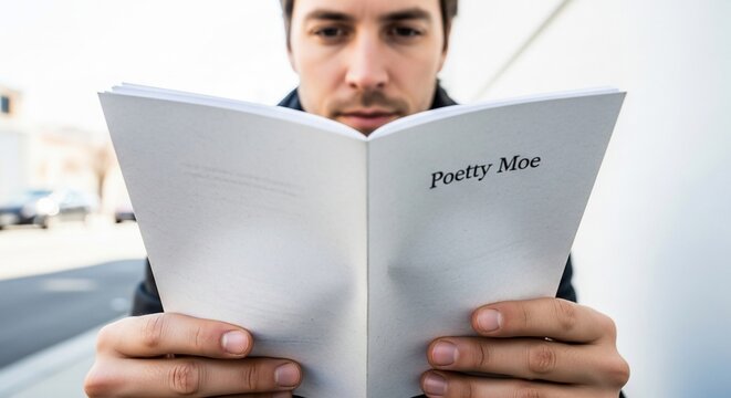 Young man reading a poetry book outdoors in soft daylight