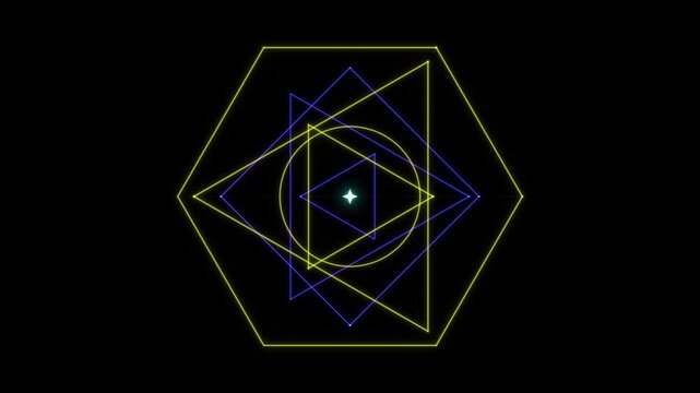 Geometric shapes form a sacred mandala with intersecting triangles and a glowing star at the center.