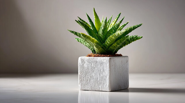 Small aloe vera succulent plant potted in a modern textured concrete square planter