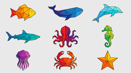 Geometric Ocean Life Icons Set: Fish, Whale, Dolphin, Shark, Octopus, Seahorse, Jellyfish, Crab, Star, Flat Design Vector Graphics © Faisal