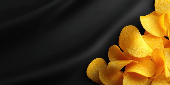 Golden potato chips on a textured black backdrop with copy space for design use