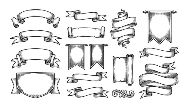 Vintage ribbon banner set hand drawn sketch scroll parchment shield medieval engraving heraldry banner element vector