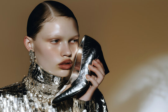 Fashion editorial Concept. Glowing chiseled High fashion woman in silver foil plastic avant garde futuristic swirl outfit holding a high heel shoe as phone . copy text space