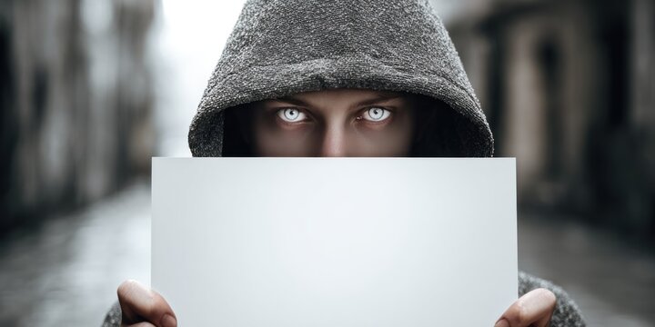 Person in hooded sweatshirt holding a blank paper with glowing white eyes