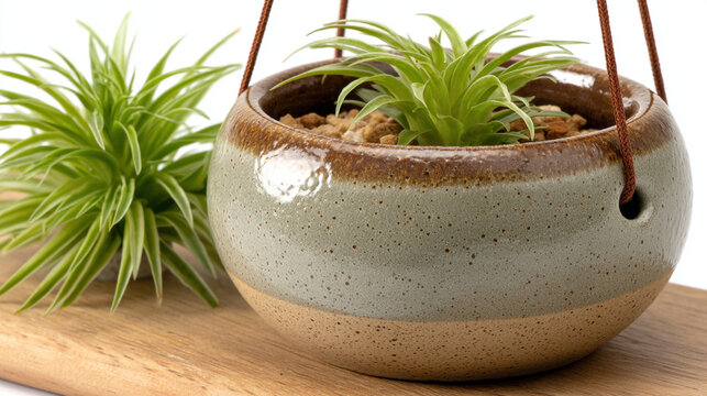 Small potted succulent plants in ceramic hanging bowls on wooden surface with succulent