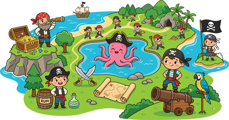 Kids pirate party on tropical island flat cartoon vector asset pack with captain treasure map parrot and flag, 18 words.