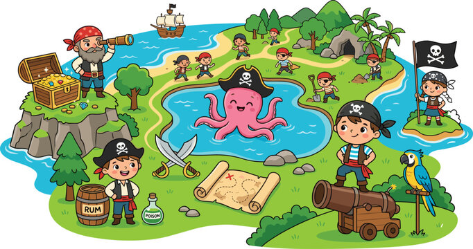 Kids pirate party on tropical island flat cartoon vector asset pack with captain treasure map parrot and flag, 18 words.