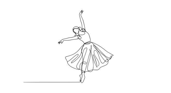 Minimalist continuous line drawing of a ballerina in elegant pose, white background