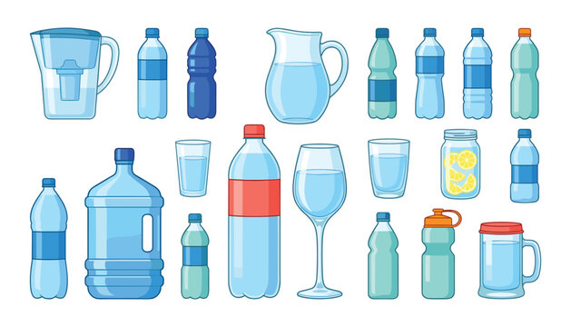 Water bottles and glassware vector set featuring plastic containers gallon jugs pitchers glasses and reusable sports bottles on white background