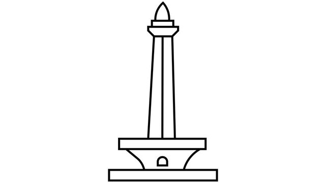 The video features a simple black line-art illustration of the National Monument of Indonesia (Monas) centered on a white rectangular screen set against a dark background.