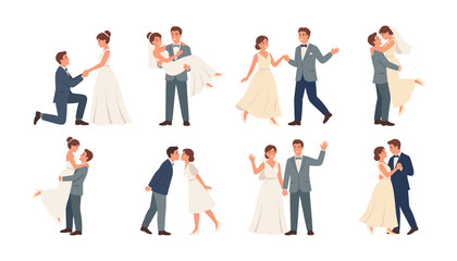 Obraz premium Wedding couple cartoon character vector set with bride and groom dancing kissing proposing hugging and celebrating marriage ceremony.