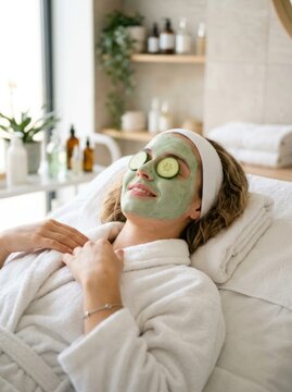 A young woman relaxes and enjoys a spa treatment. She lies on a white towel, wearing a white robe and a headband.