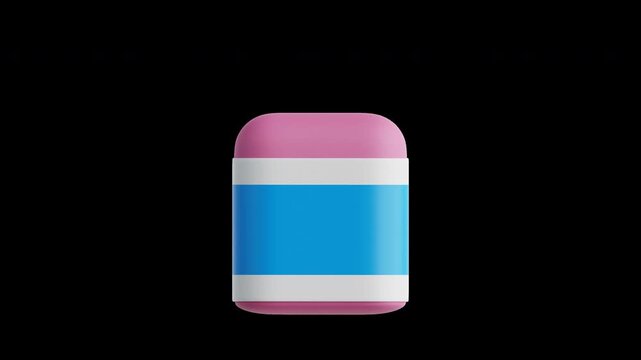 Pink and blue 3D rubber eraser jumping and flipping in a 4K looping animation with transparent background, perfect for back to school stationery and educational presentation concepts.