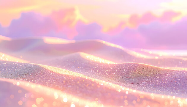 A soft, pastel-colored scene depicts rolling dunes under a sky washed with pinks and oranges, with hints of an ocean
