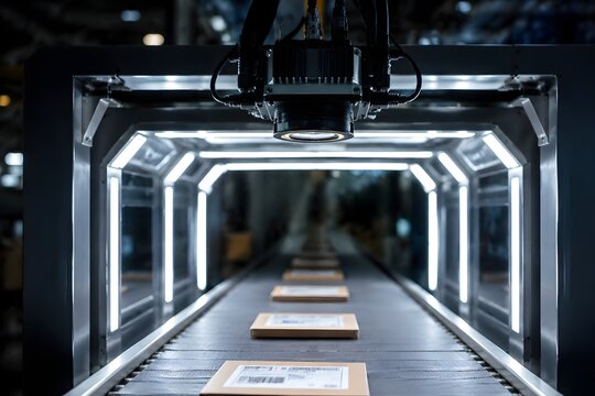 Advanced OCR Camera System Monitors Packages Above Conveyor Belt Inside Brightly Illuminated Inspection Tunnel Efficiently