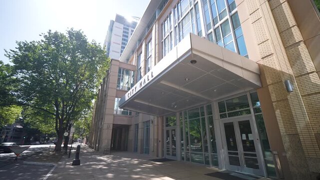 Explore the old and new City Hall in Sacramento showing views of the architecture and nearby streets in the city
