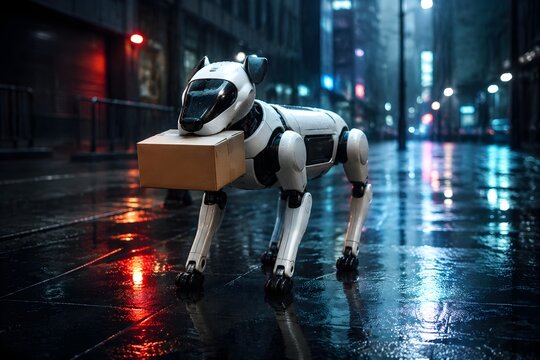 White Robotic Delivery Dog Holding Parcel on Rainy City Street for Futuristic Urban Logistics Concepts