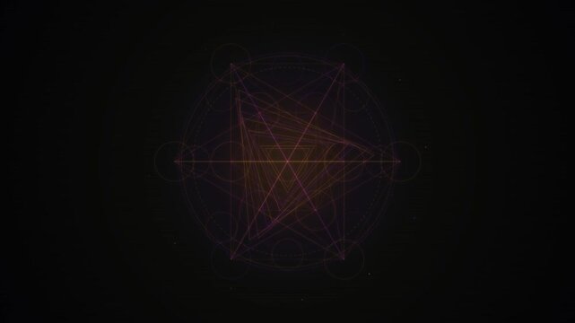 Intricate geometric shapes and lines create a mesmerizing abstract design against a dark background.