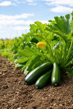 Fresh green zucchini growing on plant with yellow blossom in organic farm field under sunny blue sky. Vibrant courgettes in soil, healthy summer harvest concept, professional close-up view.