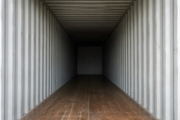 Fototapeta premium Empty Shipping Container Interior Reveals Ribbed Steel Walls And Heavy Wooden Flooring Fading Into Darkness