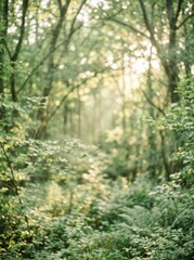 Obraz premium Sunlight streams through a dense forest, illuminating a carpet of ferns and moss. The image evokes a sense of tranquility and immersion in nature.