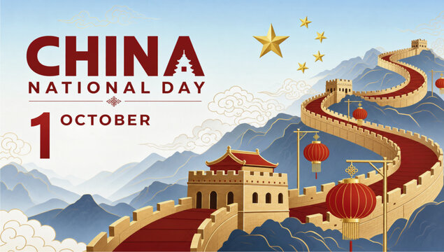 Elegant China National Day banner featuring the Great Wall, traditional lanterns, mountain landscape, and patriotic colors. 