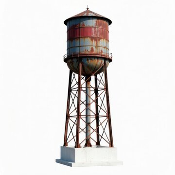 Abandoned industrial water tower standing tall in rustic decay. Old metal storage tank on steel framework for urban renewal projects and vintage th...