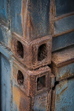 Weathered Shipping Container Corner Casting Reveals Rust Textures and Heavy Duty Interlocking Industrial Mechanisms Details