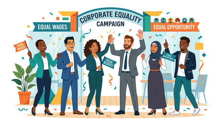 Obraz premium Diverse group of professionals celebrating a corporate equality campaign with banners for equal wages and equal opportunity.