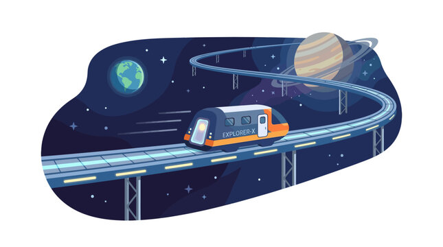 Futuristic maglev train traveling through space near planets.