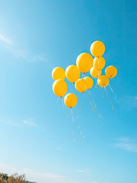 A group of yellow balloons floats in a clear blue sky. The balloons are scattered and drifting upwards, creating a cheerful and celebratory scene.