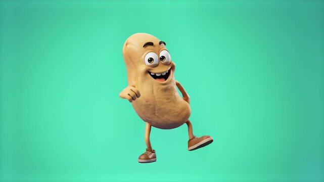 A cute 3D cartoon mascot of a smiling cashew nut character performing a joyful dance step, set against a smooth cyan studio background. Great for healthy snack branding, nut product marketing, childre