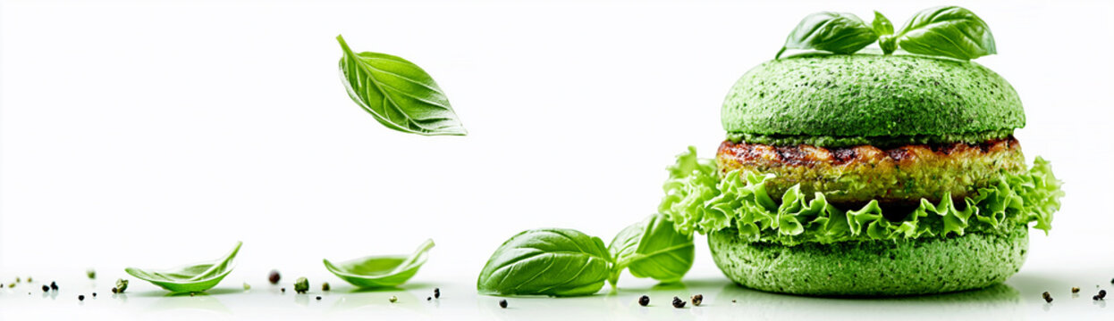 A green vegan burger with a plant-based patty, fresh lettuce, and basil leaves, highlighting a healthy and eco-friendly meal concept on a white background.