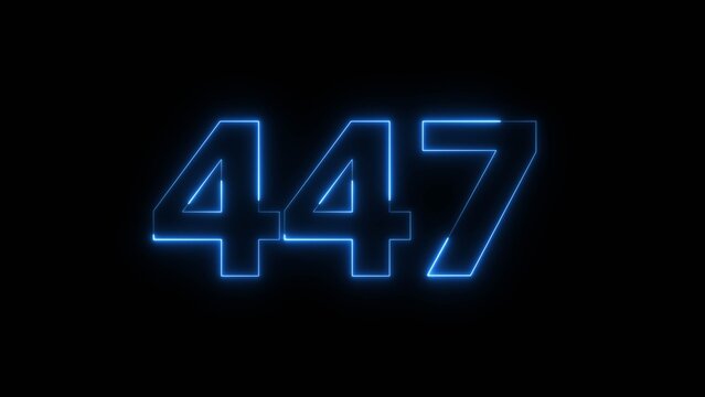 Abstract Glowing Blue Neon Number 447 on Black Background 4k Illustration.