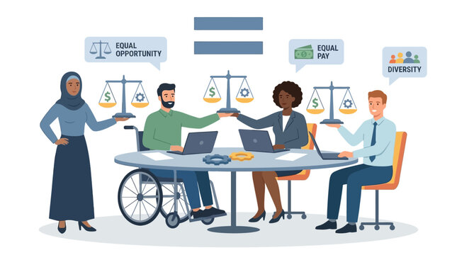 Diverse professionals advocating for equal pay, opportunity, and workplace inclusion with scales of justice.