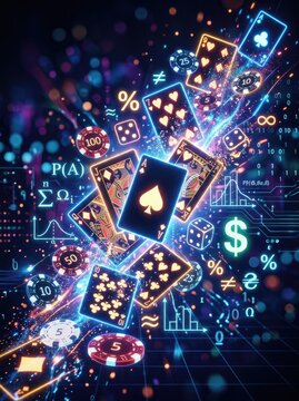 A vibrant, futuristic digital artwork blends casino elements with mathematical and technological symbols.