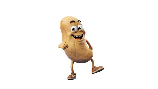 A cute 3D rendered peanut character dancing enthusiastically on a clean white background. Great for healthy snack advertisements, food packaging design, children's content, and playful video clips.