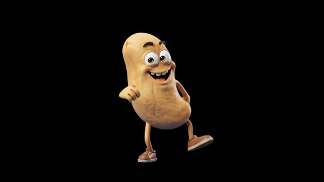 A silly 3D cartoon peanut nut character dancing with a big smile, isolated against a dark backdrop. Suitable for snack promotions, food packaging, organic food commercials, and high-contrast video edi
